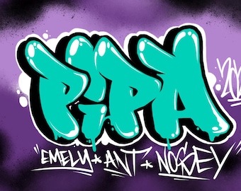 Arte callejero de grafiti digital personalizado con gráficos y letras: letras, frases, palabras... a tu elección. Imagen jpg personalizada.