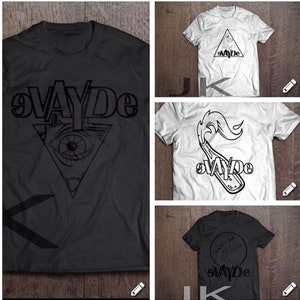 May include: Three different t-shirt designs featuring the word "eVAYDe" in black text. The first design features a triangle with an eye inside, the second design features a Molotov cocktail, and the third design features a circle with a graphic inside.