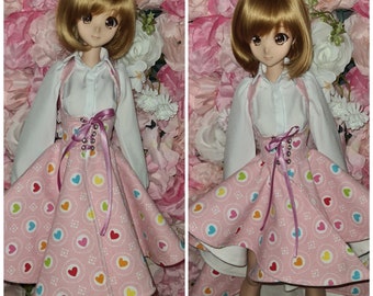Underbust corset dress with circle or asymmetrical skirt, heart fabric, BJD, SD 1/3, Smartdoll, Dollfie Dream