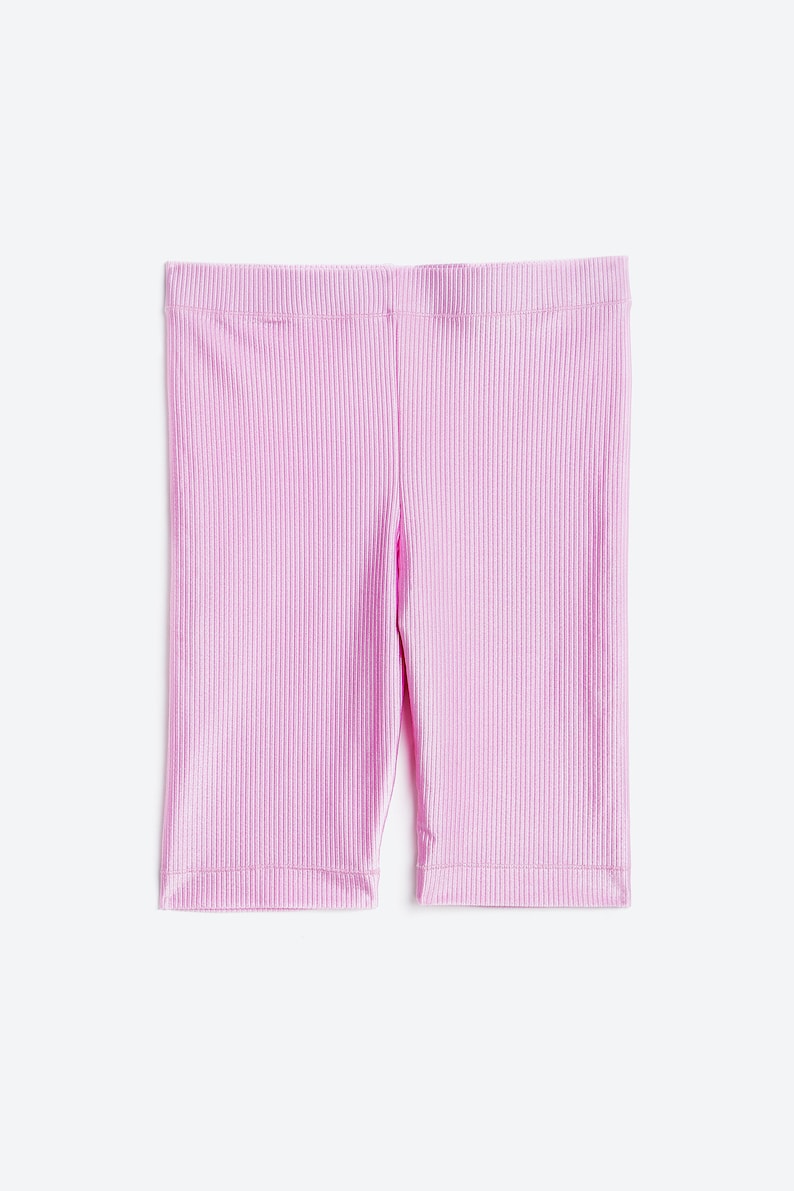 HOT SPIN SHORTS shiny Barbie pink rib knit polyester performance