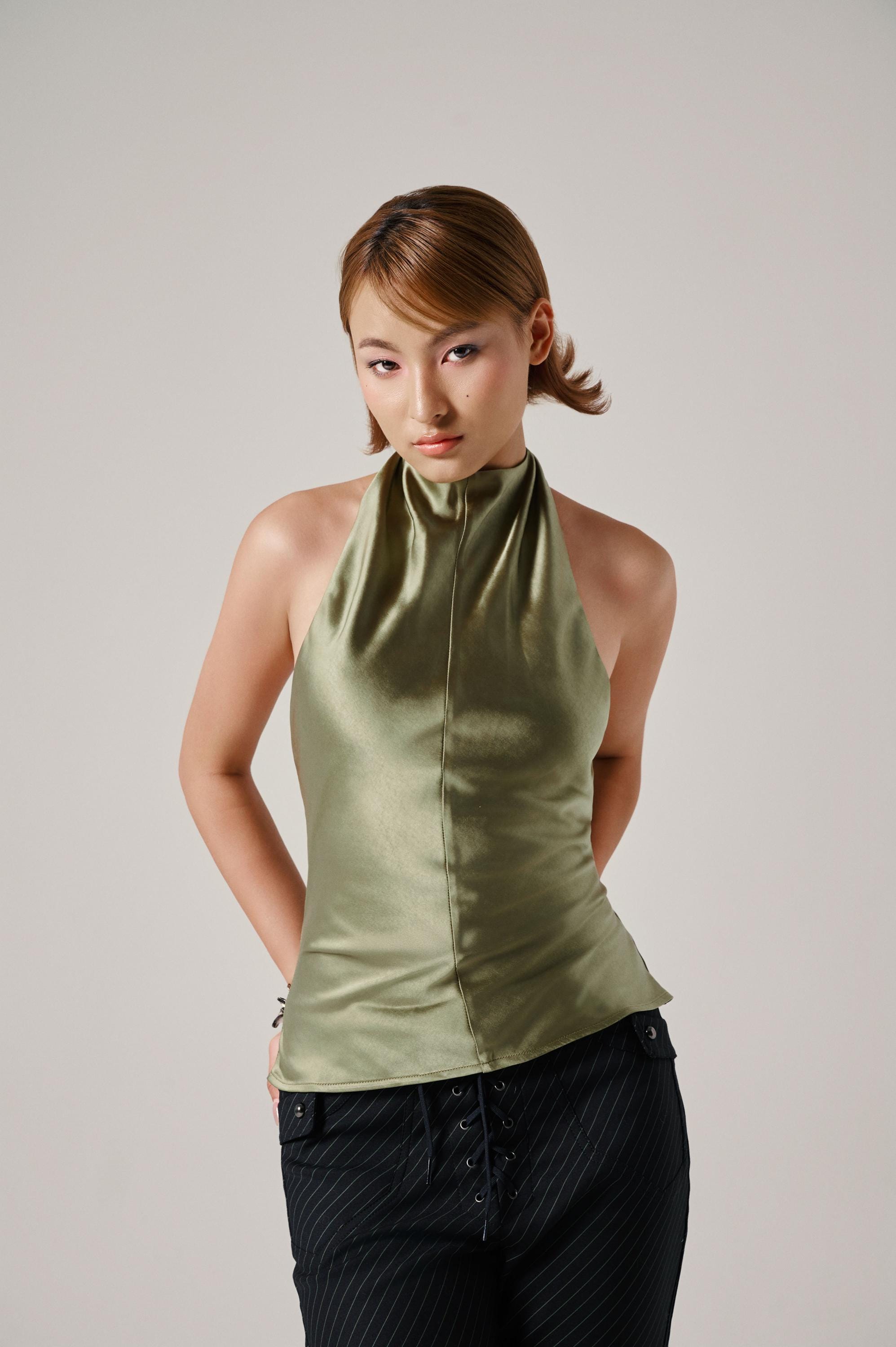 DADDLES Top - Olive - Satin Halter Top Low Back - Etsy
