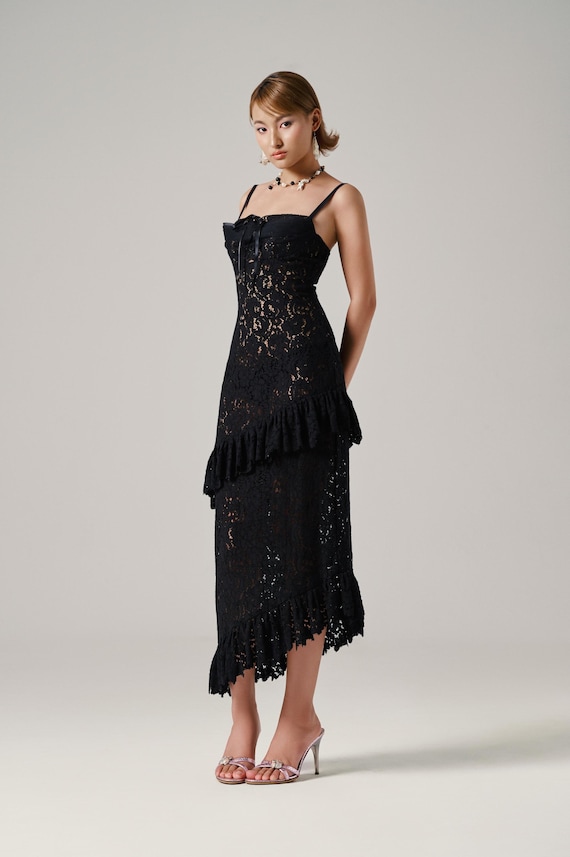 sheer black dress with ruffles sweetheart neckline Black V Neckline Sheer Dress Style 37036