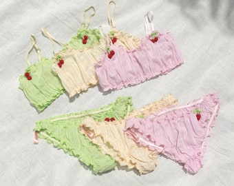 BATHER LINGERIE SET - ruffled panties, cotton bralette, cute intimate set, lolita undies, french frilly knicker, gift for girlfriend