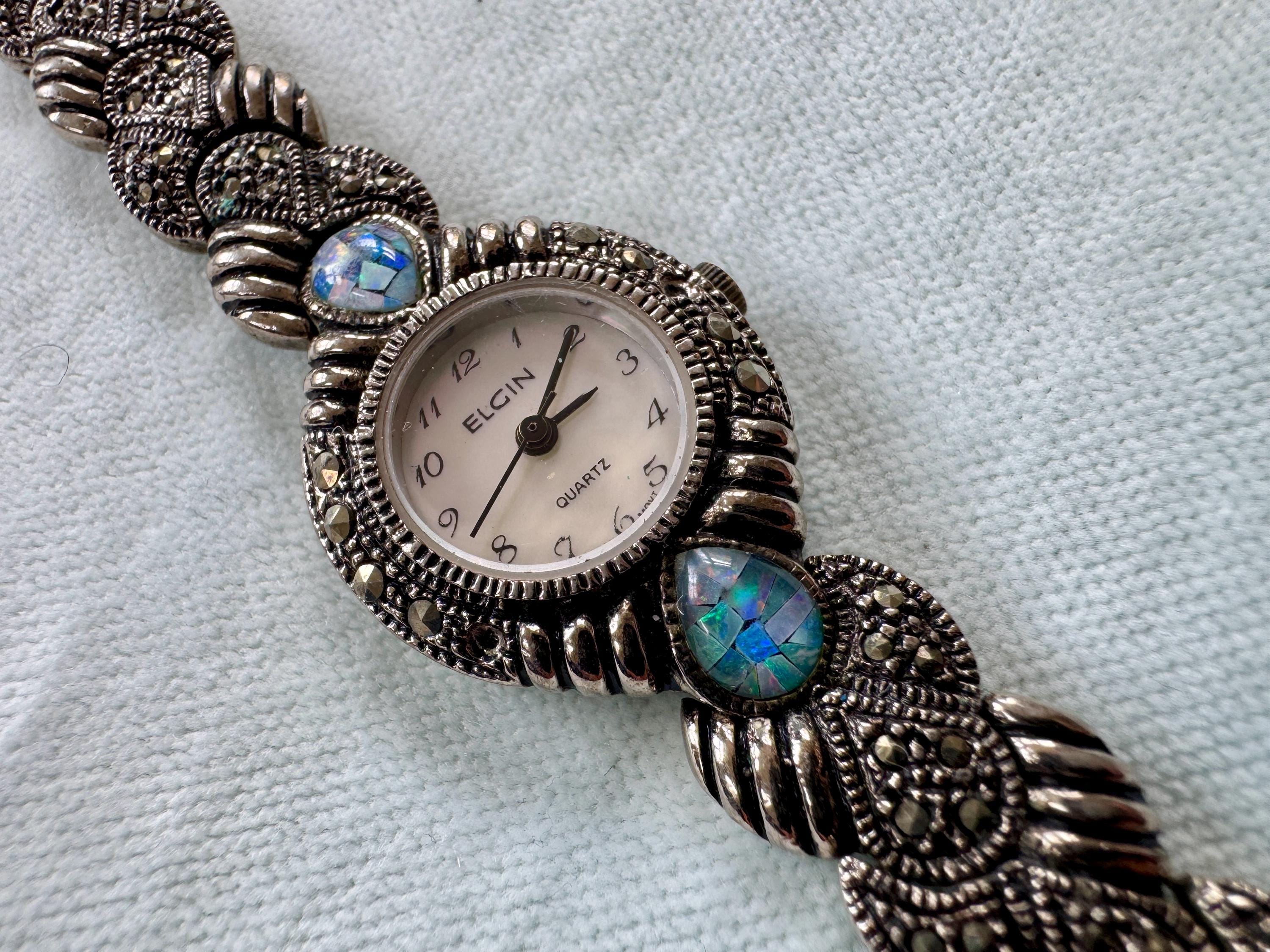 Vintage DBJ 925 Sterling Marcasite Abalone Bracelet Watch Art Deco Quartz Works Vintage Art Deco Sterling Silver & Marcasite Ladies Watch - Etsy main image 2
