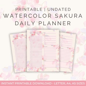 May include: Printable undated daily planner featuring a watercolor design of pink and white cherry blossoms. The planner has sections for daily plans, schedule, top priorities, to-do list, and notes.