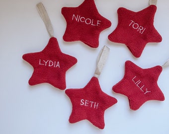 Personalized Red Star Christmas ornament hanging