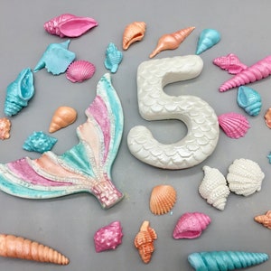 Large mermaid tail set with scaled numeral and seashells, Sugar large mermaid tail, Sugar numeral with scale print ,