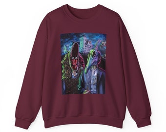 Barbara and Adam Beetlejuice Tim Burton Movie Character Sweater Spooky Gift Idea for Horror Movie Fans Classic Halloween Crewneck Sweatshirt