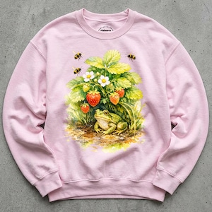 Frog Strawberry Patch Sweatshirt, Whimsical Nature Crewneck, Retro Berry Graphic Tee