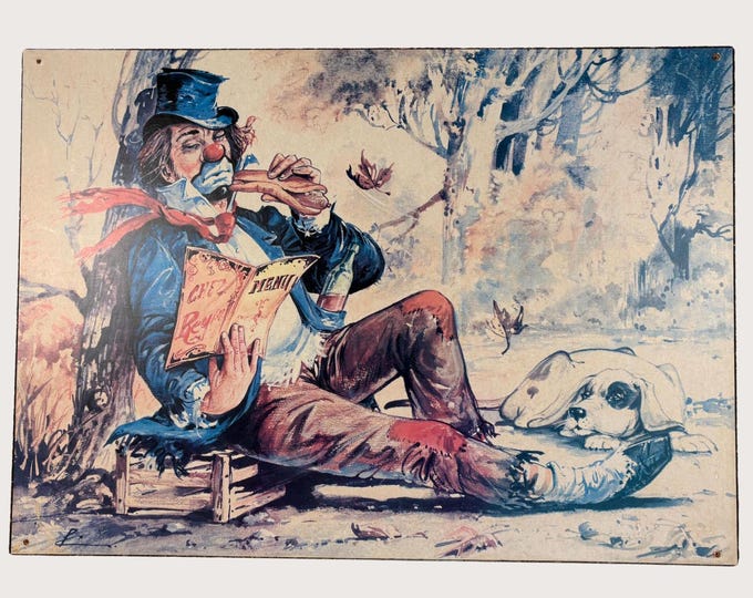 Vintage hot dog eating clown with dog reproduction, paper on chipboard, lovely mid century wall art, large reproduction