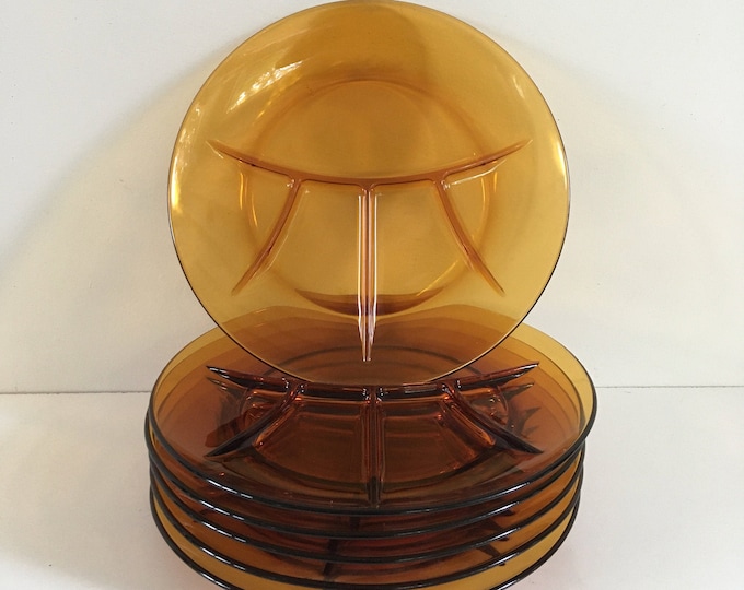 Set of 6 glass fondue BBQ plates vintage divider plates, amber colored glass, Duralex France 1970s