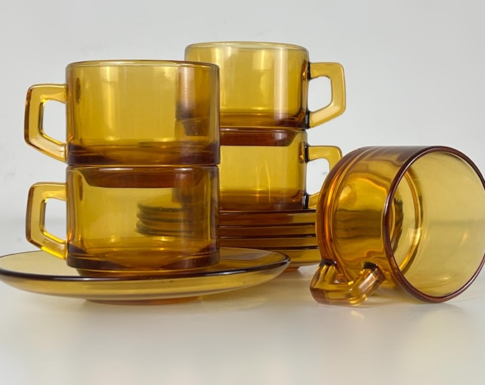 Set of 5 amber glass cups and saucers, Vereco France, demitasse coffee cups, mid century modern 1970's