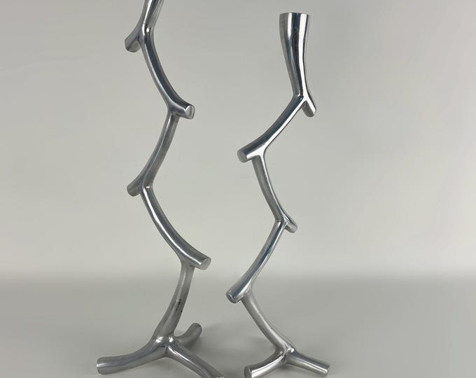 Set of two very decorative large aluminum candlesticks, candle holders.