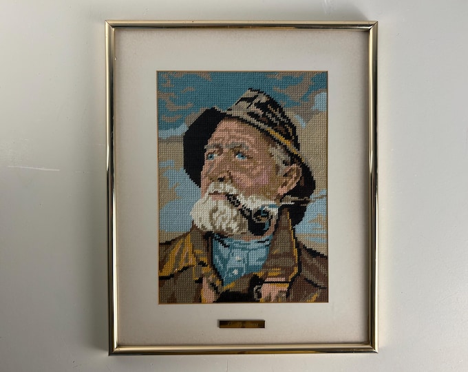 Vintage embroidery framed portrait of Dorus Rijkers, a pipe-smoking fisherman, mid century wall art 1980s, Original by Harry Haerendel