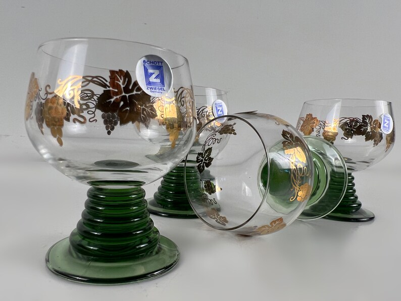 Set of 6 Schott Zwiesel, olive green stemmed gold decorated white wine glasses, stemmed glasses, vintage barware from Germany image 1
