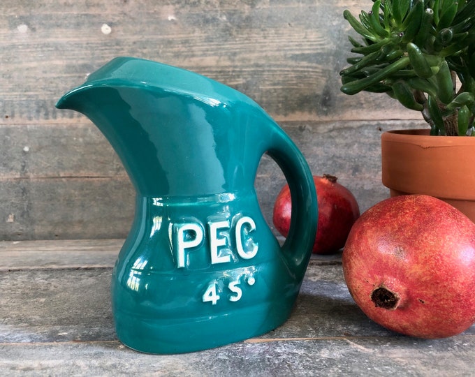 Green ceramic water jug, green ceramic pitcher, PEC 45 , lovely vintage from the 1960's from France, mid century modern barware