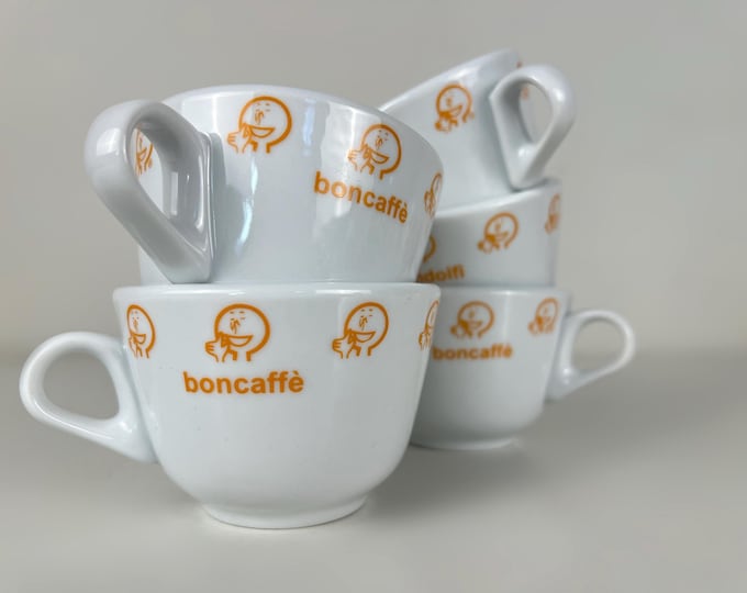 Set of 5 white coffee or cappuccino cups, heavy bar quality porcelain, decorated with the Boncaffé logo, manufactured by Nuovo Point Italy