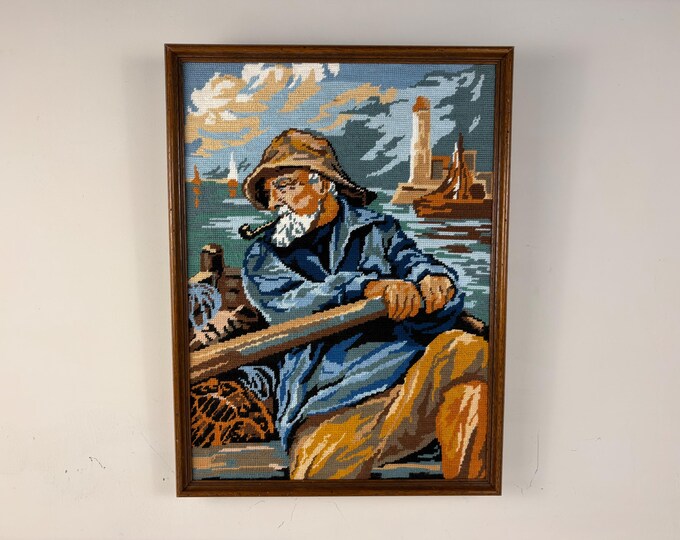 Vintage embroidery framed portrait of Dorus Rijkers, a pipe-smoking fisherman, mid century wall art 1970's, Original by Harry Haerendel