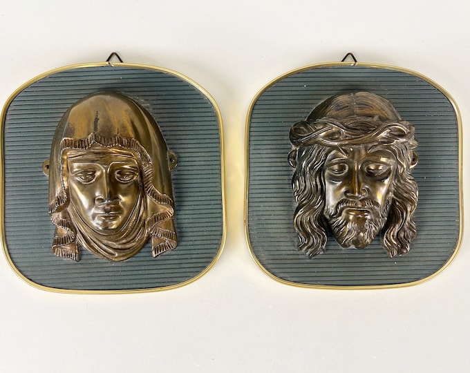 Vintage set of two brass plated Jesus and Mary wall hangings, Belgium 1950s
