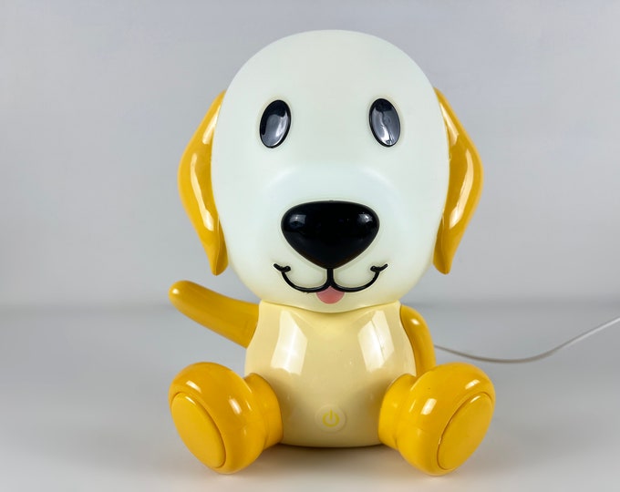 Vintage plastic yellow / white dog lamp, funny dog table lamp, plastic dog night light