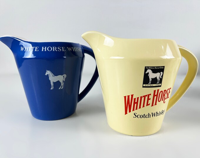 White Horse Whisky, Scotch Whisky, ceramic pitchers, nice vintage water or soda jugs from the 1970s-1980s manufactured in England.