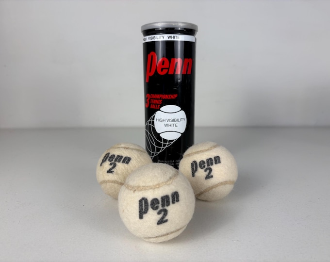 Original 1980s Penn white tennis balls in can, 3 vintage tennis balls