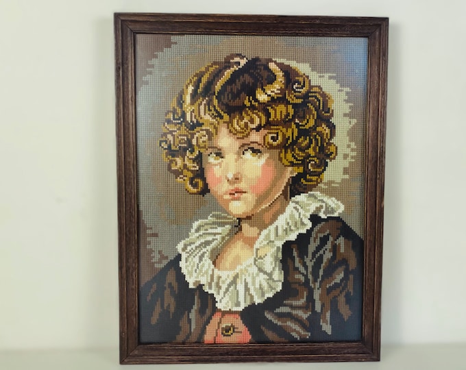 Vintage framed embroidery art, portrait of a child, kitsch wall art, Rococo style, Jean Baptiste Greuze - Paris France, 1970s wall art