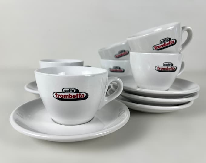 Set of 6 porcelain coffee or cappuccino cups, heavy bar quality porcelain, CaféTrombetta, manufactured by ACF Italy