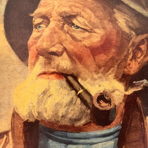 Vintage framed portrait art print of pipe-smoking fisherman, mid century wall art 1970s, Original by Harry Haerendel afbeelding 5