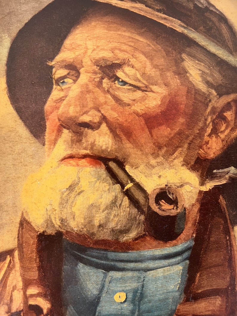 Vintage framed portrait art print of pipe-smoking fisherman, mid century wall art 1970s, Original by Harry Haerendel afbeelding 5