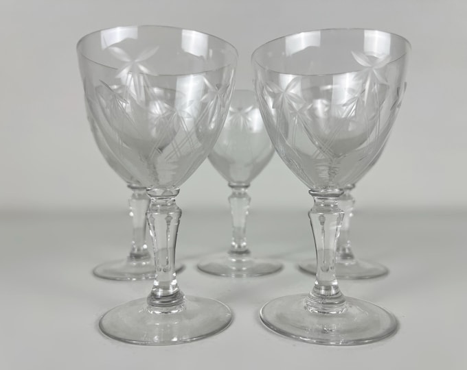 Set of 5 beautifully etched vintage dessert wine glasses from the 1930s