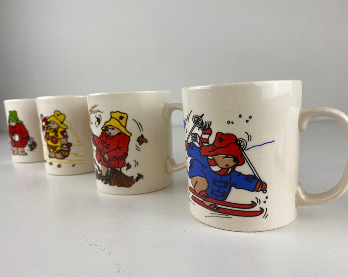 Paddington Bear set of 4 coffee or tea mugs, the 4 seasons, Vintage from the 90s, Douwe Egberts, Staffordshire, KilnCraft England tableware