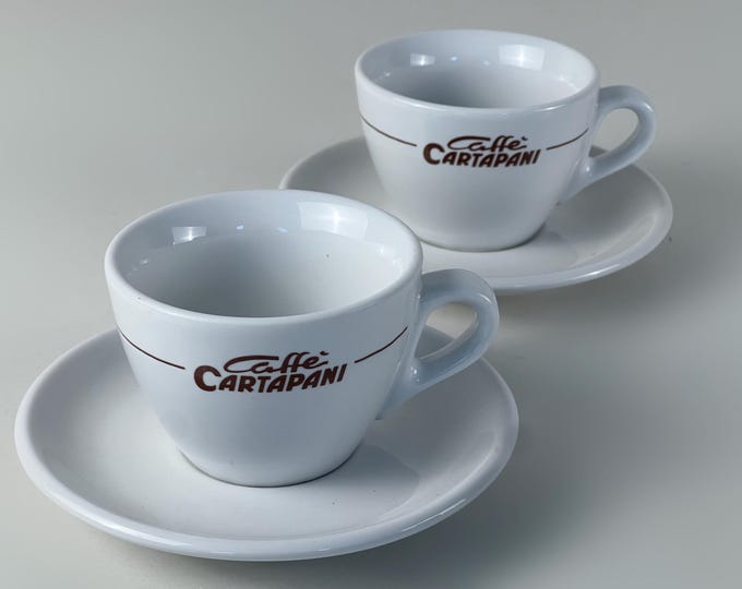 Set of 2 porcelain coffee or cappuccino cups, heavy bar quality porcelain, advertising Cartapani coffee, manufactured by IPA Italy