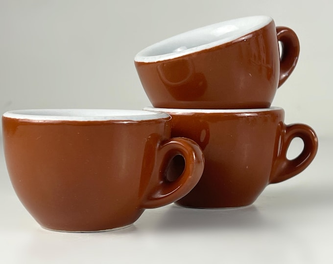 Set of 2 or 3 vintage porcelain classic brown, thick and heavy bar quality espresso cups, Nuova point Italy 1990s