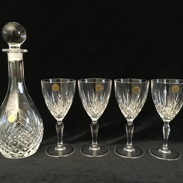 Fabuleux ensemble de carafe en cristal du milieu du siècle, carafe et 4 verres à vin en verre clair, Carpri Crystal Italie