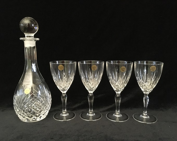 Fabulous mid century Crystal decanter set, carafe and 4 wine glasses clear glass, Carpri Crystal Italy