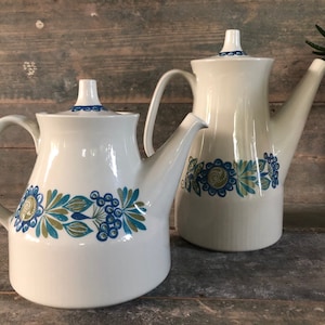 Puede incluir: Dos teteras de cerámica blanca con diseños florales azules y verdes. Las teteras tienen una forma clásica con un pico y un asa.