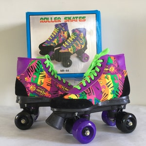Pattini a rotelle retrò vintage anni '90, colori neon neri, viola e disco, nuovi di zecca, taglia: EU 37 USwoman 6.5, UK 4.0