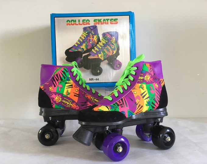 Vintage 90's Retro Roller skates black, purple and disco neon colors, New old stock, Size: EU 37 USwoman 6.5, UK 4.0