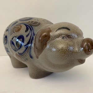 Large brown ceramic glaze stoneware piggy bank vintage pig image 7
