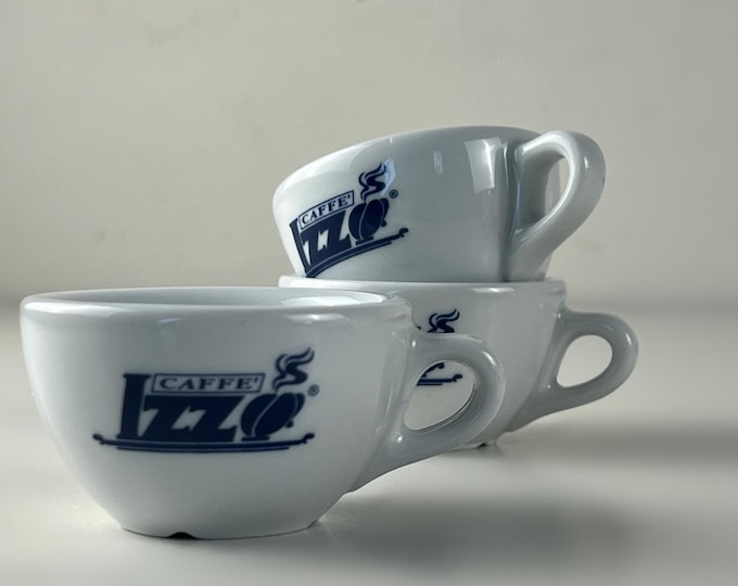 Set of 3 Vintage Caffè Izzo ristretto cups, IPA Italy blue and white thick-walled coffee bar porcelain.