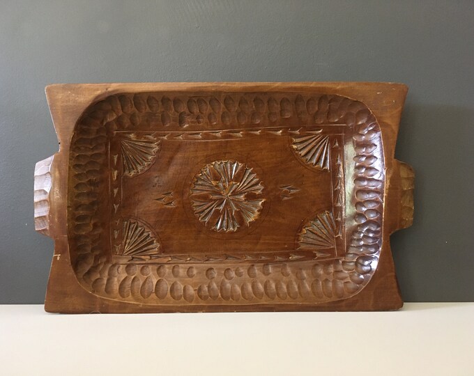 Decorative hand crafted wood carved mid century tray / ornamental bowl