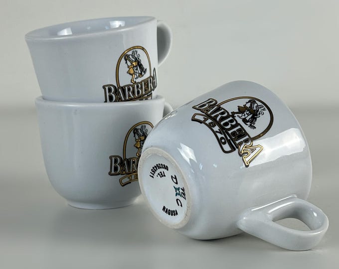 Vintage set of 3 porcelain bar quality espresso cups, the cups are illustrated with Italian Barbera 1870 coffee logo. Italy 1980s