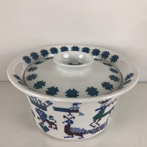 以下が含まれることがあります： 蓋付きの白いセラミック製のサービングディッシュ。ディッシュは、スタイリッシュな鳥や動物が描かれた青と緑の幾何学模様になっています。蓋は青と緑の幾何学模様です。