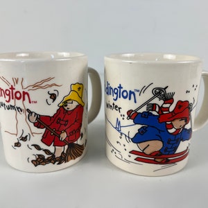 Various sets of 2 mugs: Paddington Bear, vintage coffee or tea mugs, 1990s, Douwe Egberts, Staffordshire, KilnCraft England tableware