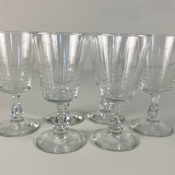 Set of 6 rare hand blown and hand etched , crystal wine glasses with a checkered pattern, 1950s mid century modern barware