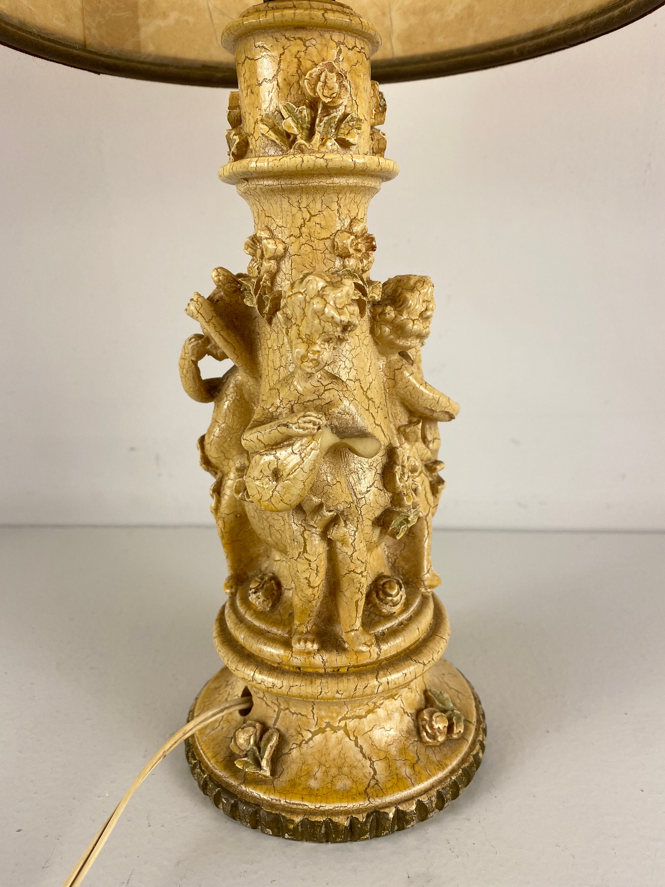 1950 s Beige Cast Resin Cherub Lamp Base With a Pig Bladder Lamp