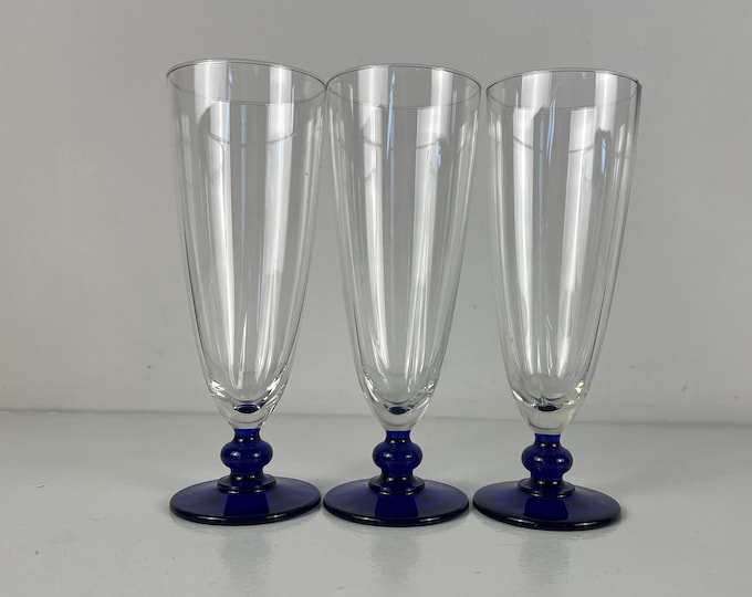 3 blue stemmed cocktail glasses, mid century modern barware from the 1970s, Luminarc made in France