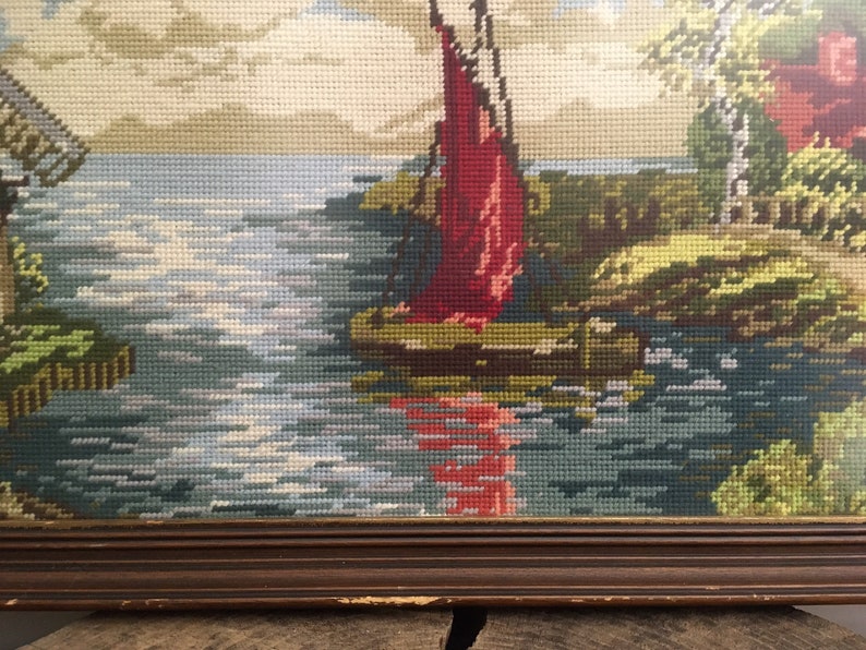 romantic landscape with windmill Framed cross stitched retro embroidery painting mid century sailboat and farm