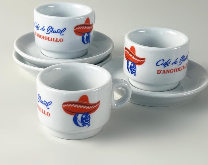 Set of 3 espresso cups and saucers, very nice set advertising café do Brasil D'angiolillo, produced by IPA Italy.